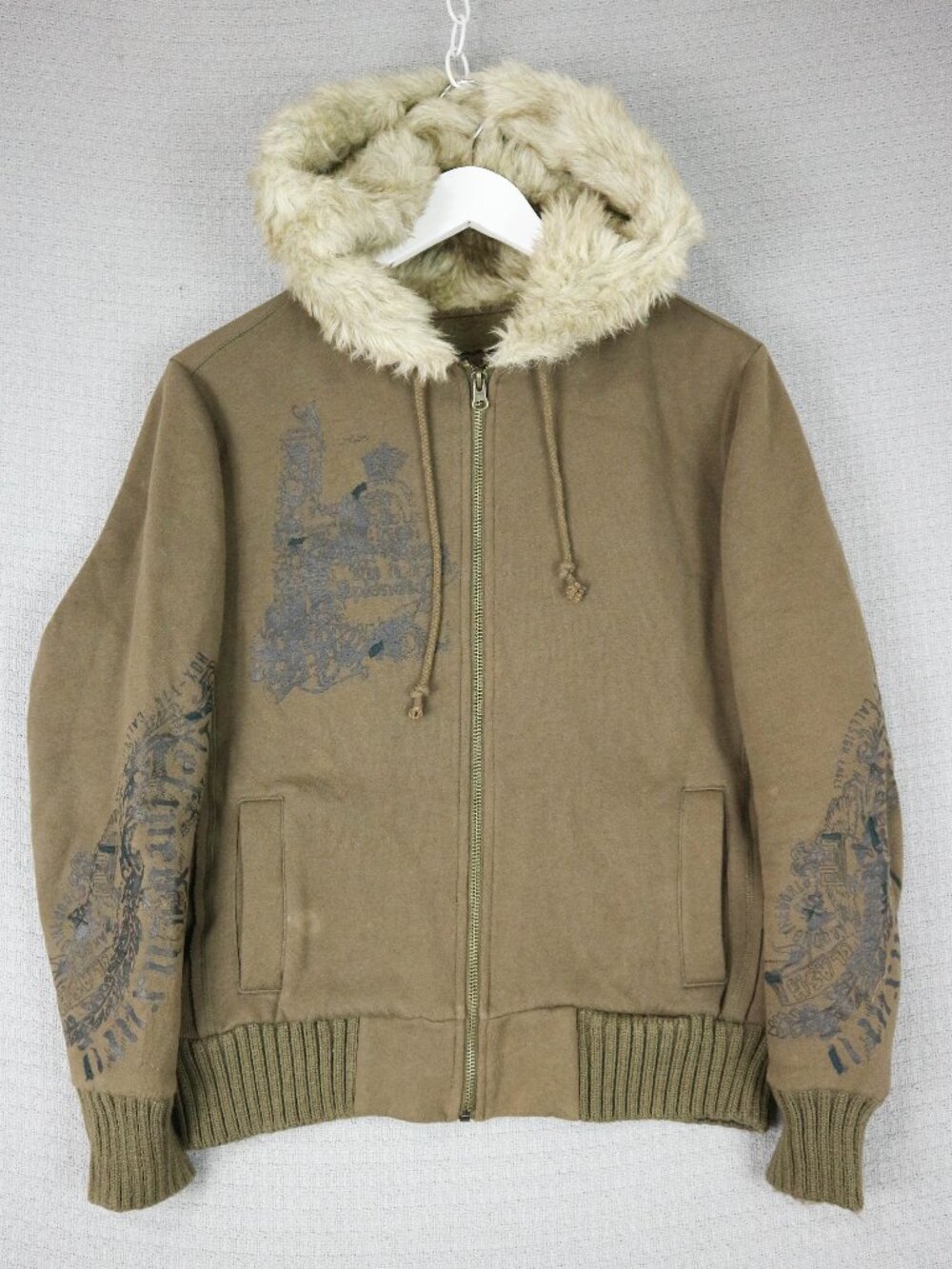 TXT Faur Fur Zip Up Hoodie Jacket Brown Grunge Womens Large Y2K Alternative